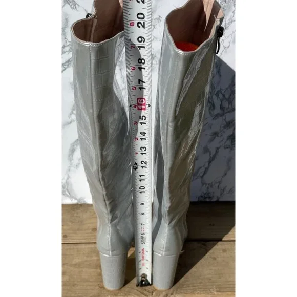 Silver Croc-Embossed Knee-High Boots With Block Heel & Side Zipper Closure size - Picture 5 of 10